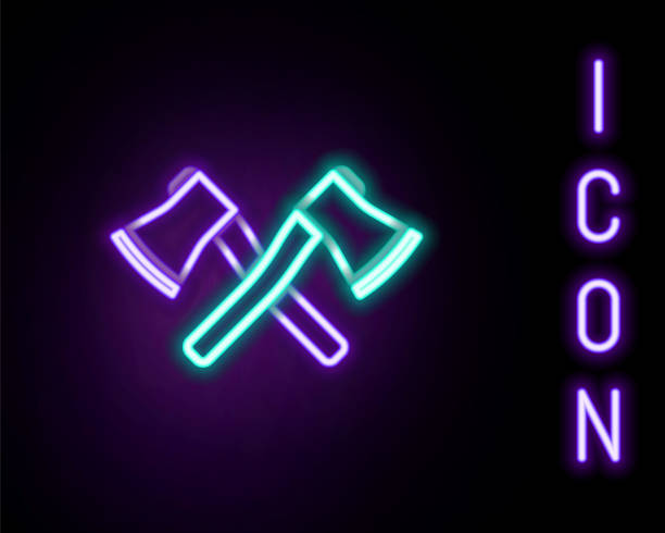 istock Glowing neon line Crossed wooden axe icon isolated on black background. Lumberjack axe. Colorful outline concept. Vector 2161067616