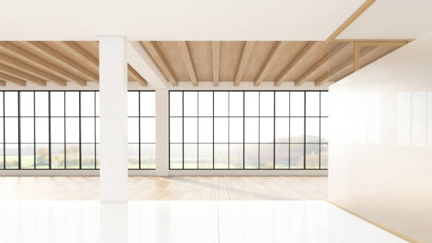istock Empty room with wooden slat ceiling 2161077948