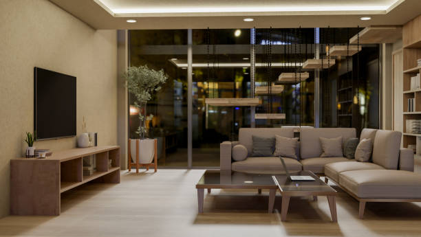 istock A contemporary, luxurious living room features an L-shaped sofa, illuminated ceiling lights, decor. 2161079854