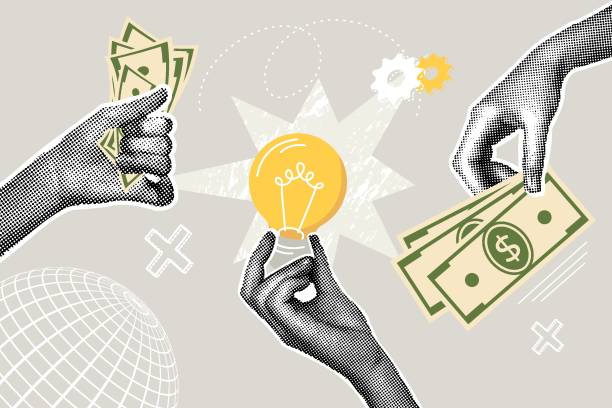 modny półtonowy kolaż koncepcji biznesowej. koncepcja pomysłu, koncepcja biznesowa, planowanie finansowe, zysk, zarobki. modna nowoczesna ilustracja retro. - finanse stock illustrations