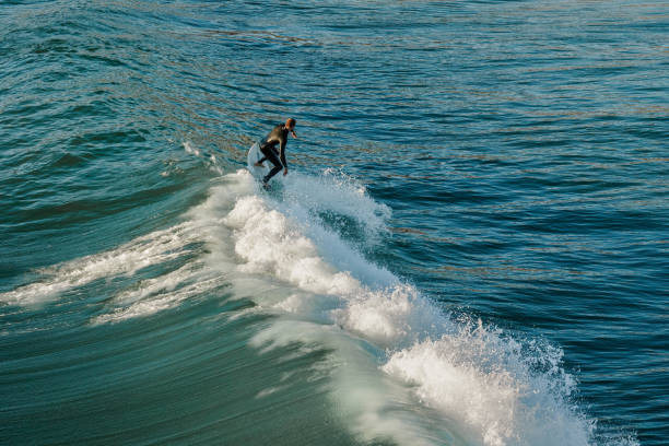 Pismo Beach, California, USA - November 1, 2023. A surfer rides the ocean wave at sunny day