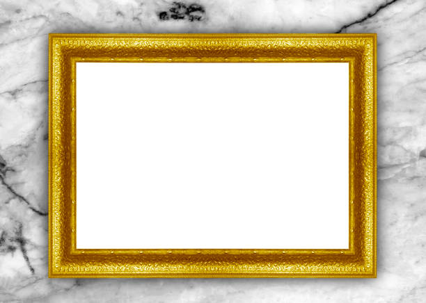istock Golden picture frame isolated on marble background 2161089923