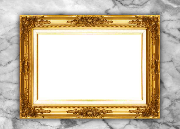 istock Golden picture frame isolated on marble background 2161089943