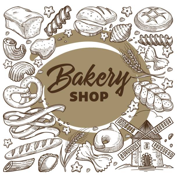 Bakery shop products, bread and buns assortment Assortment of baked products and patisserie, pastry and delicious snacks. Mill and macaroni, baguette and pretzel. Monochrome sketch outline label or banner, logo for shop. Vector in flat style hhh stock illustrations