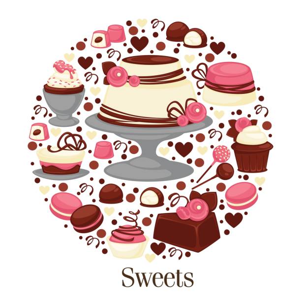 Sweets and desserts, cakes and macaroons candies Dessert in pastry or bakery shop, sweet products with jam and cream, chocolate icing and glazing. Cake and macaroons, candies and cookies. Dieting and nutrition, yummy food. Vector in flat style hhh stock illustrations