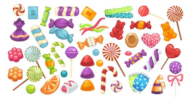Sweets and candies, lollipops and bonbons variety Variety of caramel and chocolate candies and bonbons, assortment of lollipops in glossy wrapping and bows. Shop or store with confectionery and dessert, sweets and treats. Vector in flat style hhh stock illustrations