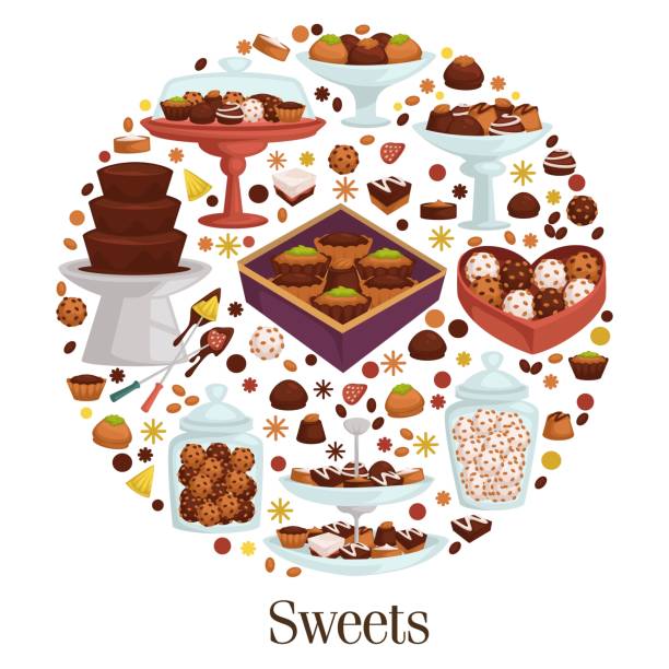 Sweets in bakery shop or candy store, cookies Cookies and candies assortment and variety of product in bakery shop or store. Chocolate glazing and filling, nuts and crunchy texture. Dessert and sweets, biscuits and pies. Vector in flat style hhh stock illustrations