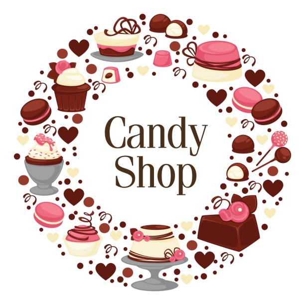 Candy shop banner with sweets and chocolate vector Chocolate candies and biscuits, circle made of dessert and cakes. Shop or store with delicious food, advertising or marketing banner for shopping. Special meal for holiday, vector in flat style hhh stock illustrations