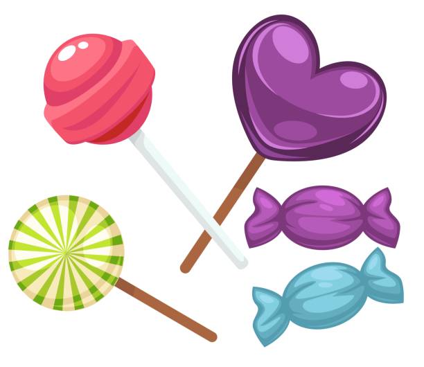 Lollipop candies, sweets and dessert caramel set Candies and lollipop, sweets and dessert for children, isolated treats assortment. Delicious confectionery products in shop or store for holiday. Decorative wrapping. Vector in flat style illustration hhh stock illustrations