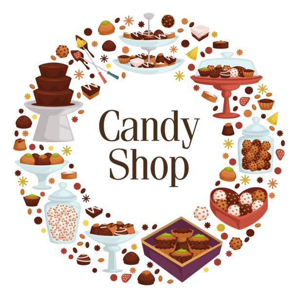 Candy shop store or shop with assortment of sweets Assortment of sweets and desserts in candy shop, store with variety of chocolate and cookies with nut. Sugary food and meal, supermarket holiday advertisement circle banner. Vector in flat style hhh stock illustrations