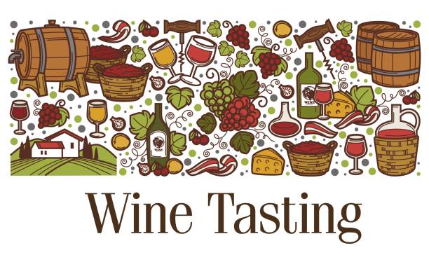 Wine tasting barrels with fermented alcohol vector Organic and natural production of wine, tasting and brewery of fine alcohol. Wooden barrels for fermenting, grapes and ingredients for making drinks. Farm and countryside view. Vector in flat style hhh stock illustrations