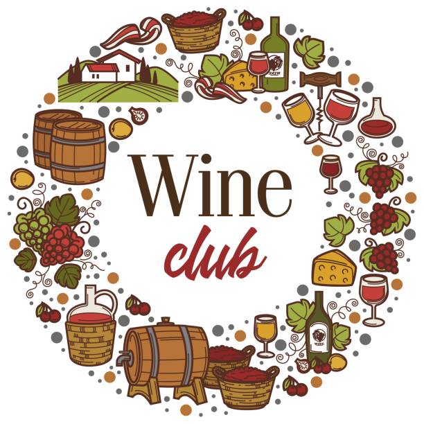 Wine club banner with barrels and grapes alcohol Wooden barrels with fermenting wine and alcohol, grapes and organic production of liqueurs. Circle banner for club, beverages and drinks, fine alcoholic refreshments. Vector in flat style illustration hhh stock illustrations