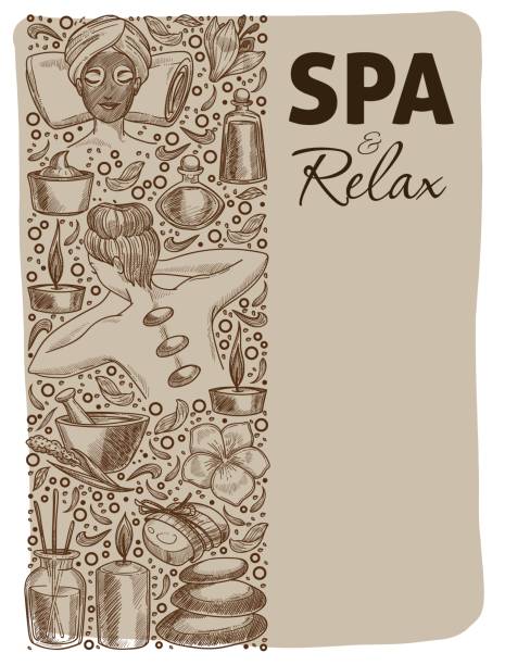 Spa relax and rest, massage and procedure banner Relaxing procedures and treatment in spa salon, beauty and rest in hotel or resort. Aromatherapy and skincare, cosmetic lotions and hot stones massage for back pain relief. Vector in flat style hhh stock illustrations
