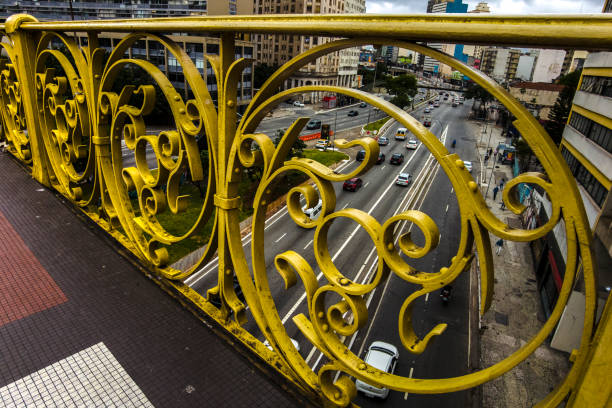 Sao Paulo, Brazil, November 20, 2021. Yellow grid of Santa Ifigenia Viaduct in downtown Sao Paulo city