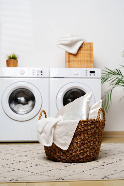 istock Modern Laundry Room With White Appliances and Greenery 2161099410