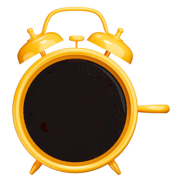 Yellow coffee cup style clock with coffee beans in a cup isolated object on white background with clipping path, Retro alarm clocks coffee time concept for your advertising design, 3D rendering