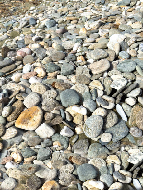 istock Natural pebble background texture. Smooth multicolor, multi shaped stone, gravel material. Vertical 2161101491