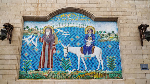 A Beautiful Mosaic depicting the journey of Joseph, Virgin Mary and the Infant Jesus to Egypt on the exterior wall of the Hanging Church or Saint Virgin Mary's Coptic Church in Coptic Cairo,Egypt