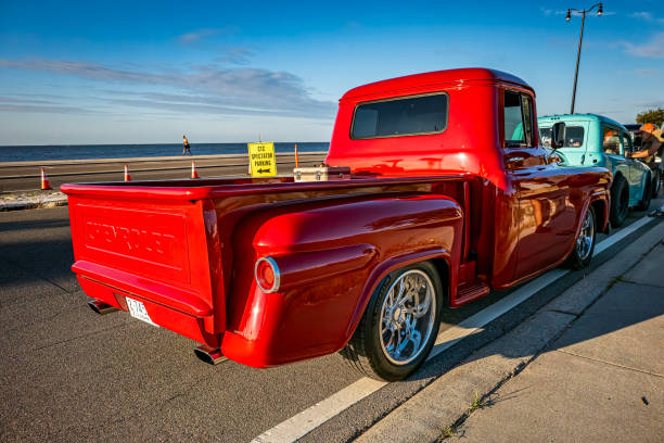Gulfport, MS - October 02, 2023: High perspective rear corner view of a 1958 Chevrolet Apache 3100 Stepside Pickup Truck at a local car show.
