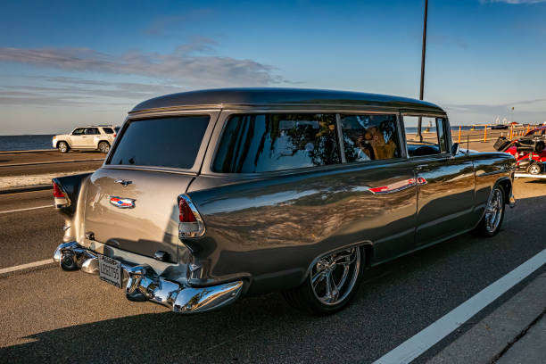 Gulfport, MS - October 02, 2023: High perspective rear corner view of a 1955 Chevrolet 150 Door Station Wagon at a local car show.