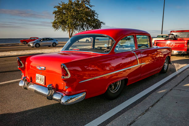 Gulfport, MS - October 02, 2023: High perspective rear corner view of a 1955 Chevrolet 210 Sport Coupe at a local car show.