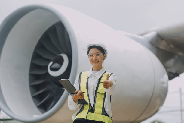istock Technician fixing the engine of the airplane,Female aerospace engineering checking aircraft engines,Asian mechanic maintenance inspects plane engine 2161110512