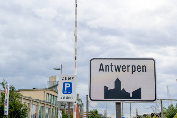 Antwerp, Belgium, July 7th 2024: View on Antwerp and paid parking road sign
