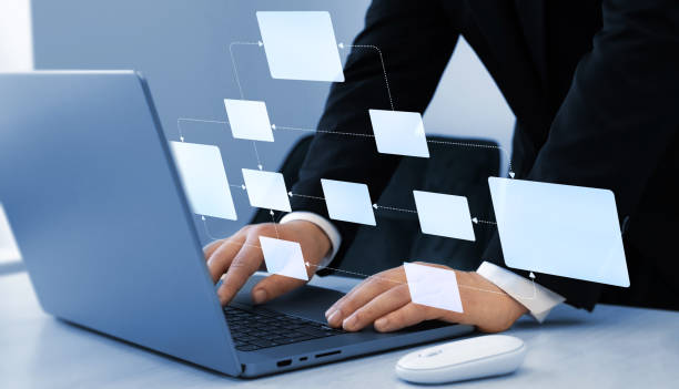 istock Chart scheme hierarchy management of corporate. Digital technology of business process and workflow automation with flowchart and processing management. 2161114008