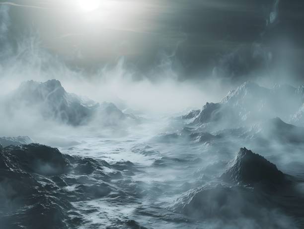 istock Mesmerizing icy landscape with mist and mountains under a bright sun 2161120080