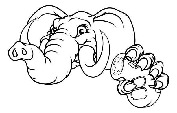 Elephant Video Games Controller Gamer Mascot An elephant gamer mascot holding a video games controller republican elephant logo stock illustrations