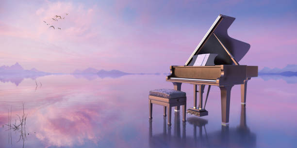 Grand Piano On Lake At Sunrise