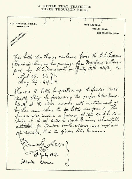 istock Message in a bottle, thrown into sea off Canada found in Norway, 1890s, 19th Century Vintage illustration 2161128150