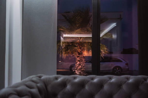 Modern living room with atmospheric lights in the courtyard