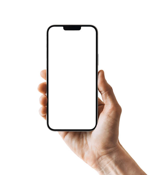 Male hand showing smartphone with blank empty white screen display, mock-up, isolated on white background