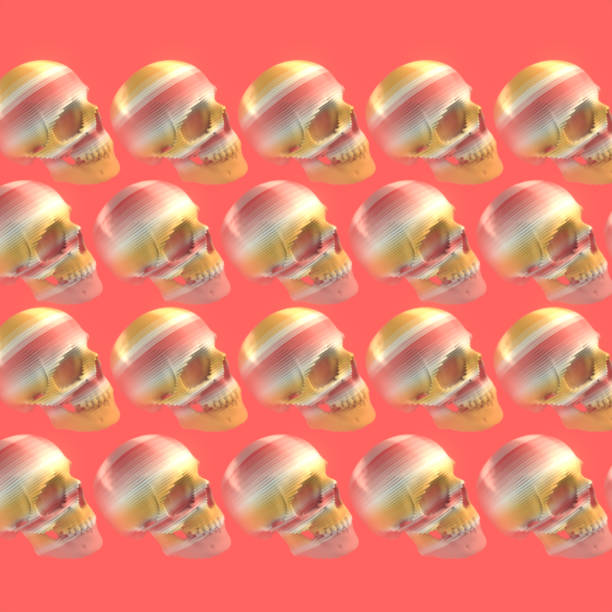 Abstract pattern of layered colored skulls formed by a series of colored stripes on a pink background. A striking visual effect. 3d rendering digital illustration