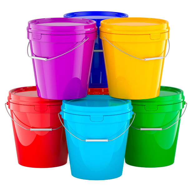 istock Heap of Colored Plastic Paint Buckets, 3D rendering 2161145232