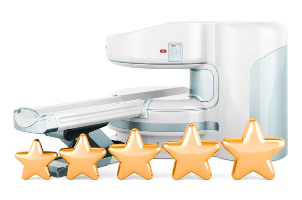 istock Open MRI Machine with five golden stars, 3D rendering 2161145279