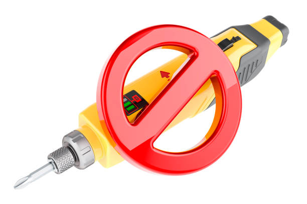 Cordless screwdriver with forbidden symbol. 3D rendering isolated on white background