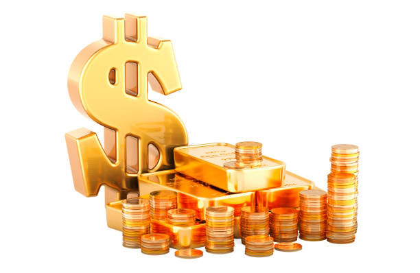 istock Dollar sign with golden coins and gold bars, 3D rendering 2161146643