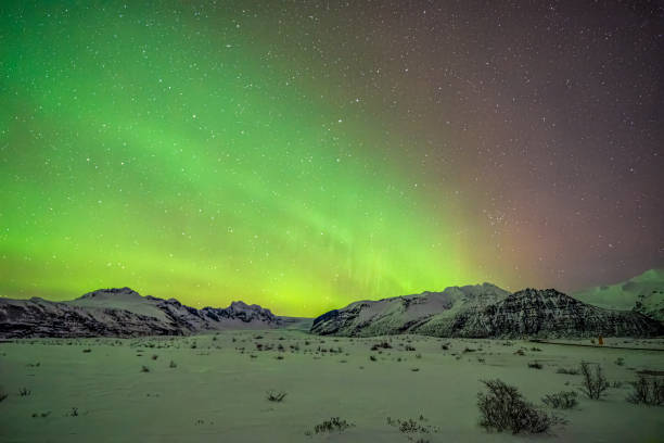 A mesmerizing view of the northern lights illuminating the night sky over a snow-covered Icelandic landscape. The green and pink hues of the aurora borealis create a magical atmosphere above the rugged mountains and vast snowy plains.
