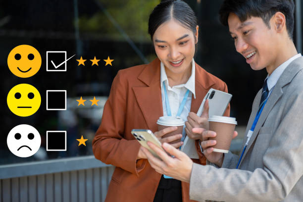 istock businessman team presenting or pointed inquiry with checkboxes, smiling face rating excellent for satisfaction survey. 2161149578