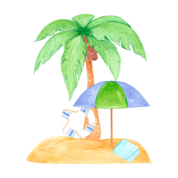 istock Hand drawn watercolor palm tree with beach umbrella on the sand seamless pattern isolated on white background. Can be used for cards, label, scrapbook and other printed products. 2161149734
