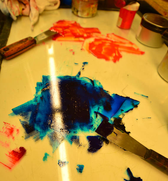 istock Craft table with tools and materials for printing, painting, screening, dyeing 2161152069