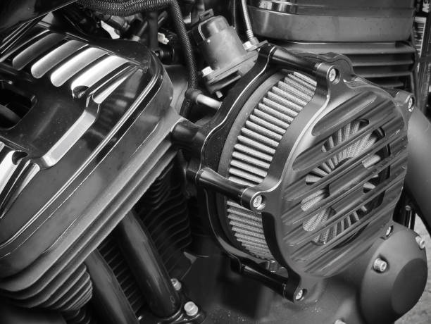 istock Close-Up of Large Air Filter on Motorcycle Engine in Black and White 2161152847