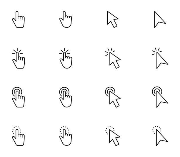 ilustraciones, imágenes clip art, dibujos animados e iconos de stock de hand pointer icons. pointer click. cursor arrow icon. clicking finger. computer mouse click. vector illustration. - ratón de ordenador