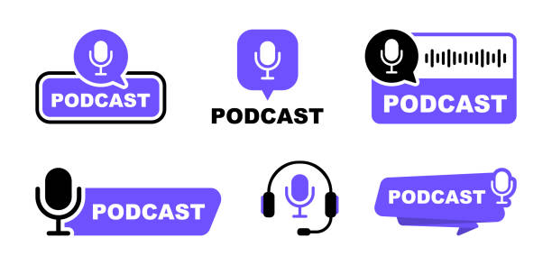 Podcast logo set. The microphone icon. Podcast radio icon. Studio microphone with webcast. Audio record concept. Vector illustration. Podcast logo set. The microphone icon. Podcast radio icon. Studio microphone with webcast. Audio record concept. Vector illustration. podcasting stock illustrations