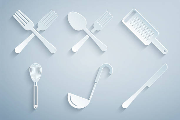 istock Set Kitchen ladle, Grater, whisk, Knife, Crossed fork and spoon and icon. Vector 2161157547