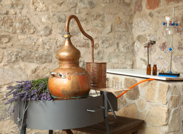 istock Alembic distillation apparatus with lavender essential oil 2161160691