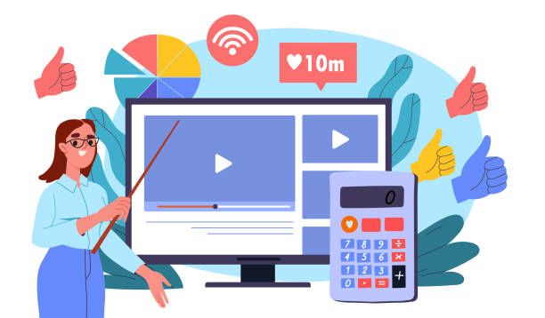 istock Woman with online lesson. Young girl with pointer near computer screen. Business lecture, presentation or seminar on Internet. Remote education and learning. Flat vector illustration 2161165516