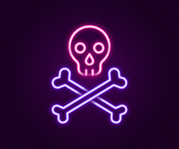 istock Glowing neon line Skull on crossbones icon isolated on black background. Happy Halloween party. Colorful outline concept. Vector 2161165710